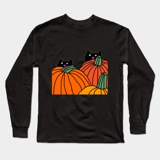 Back Print Two Cats in the Pumpkin Patch Long Sleeve T-Shirt